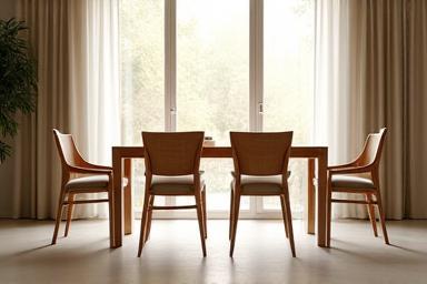 Stylish wooden chairs arranged around a modern dining table with natural light