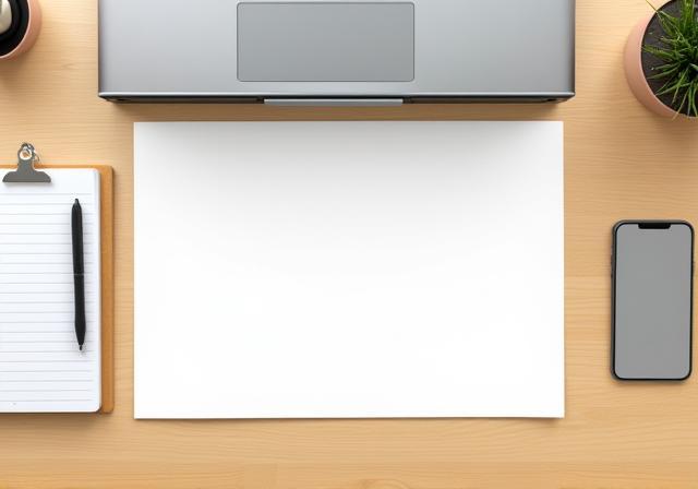 Wooden desk with computer, notebook, and contact items like a phone and pen