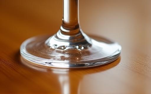Close-up of a wooden table surface with a water condensation ring from a glass