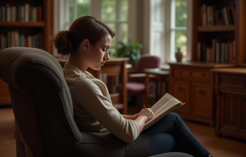 Person reading a guide surrounded by elegant wooden furniture in a well-lit room